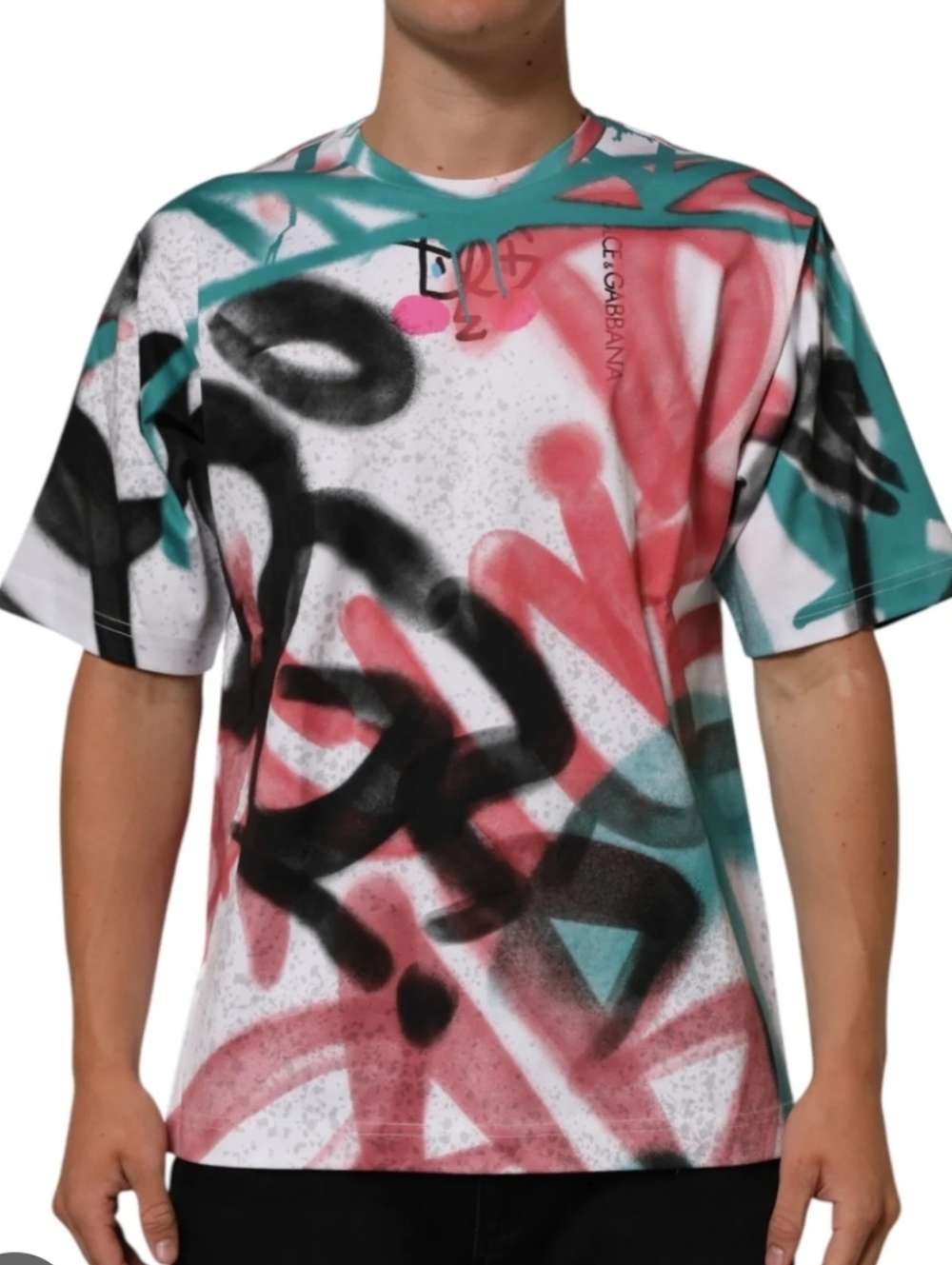 Dolce & Gabbana Multicolor Graffiti Print Tee - Teal, Pink, Black, White Size S